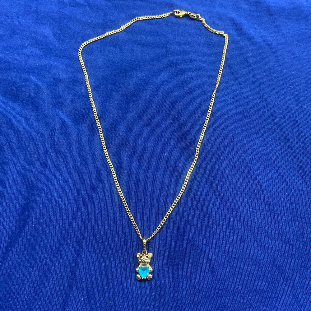 Blue heart stone bear necklace
